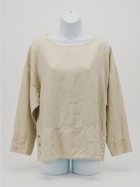 Bryn Walker 100% Linen Boxy Blouse Button Lagenlook Top Beige - Relaxed Small